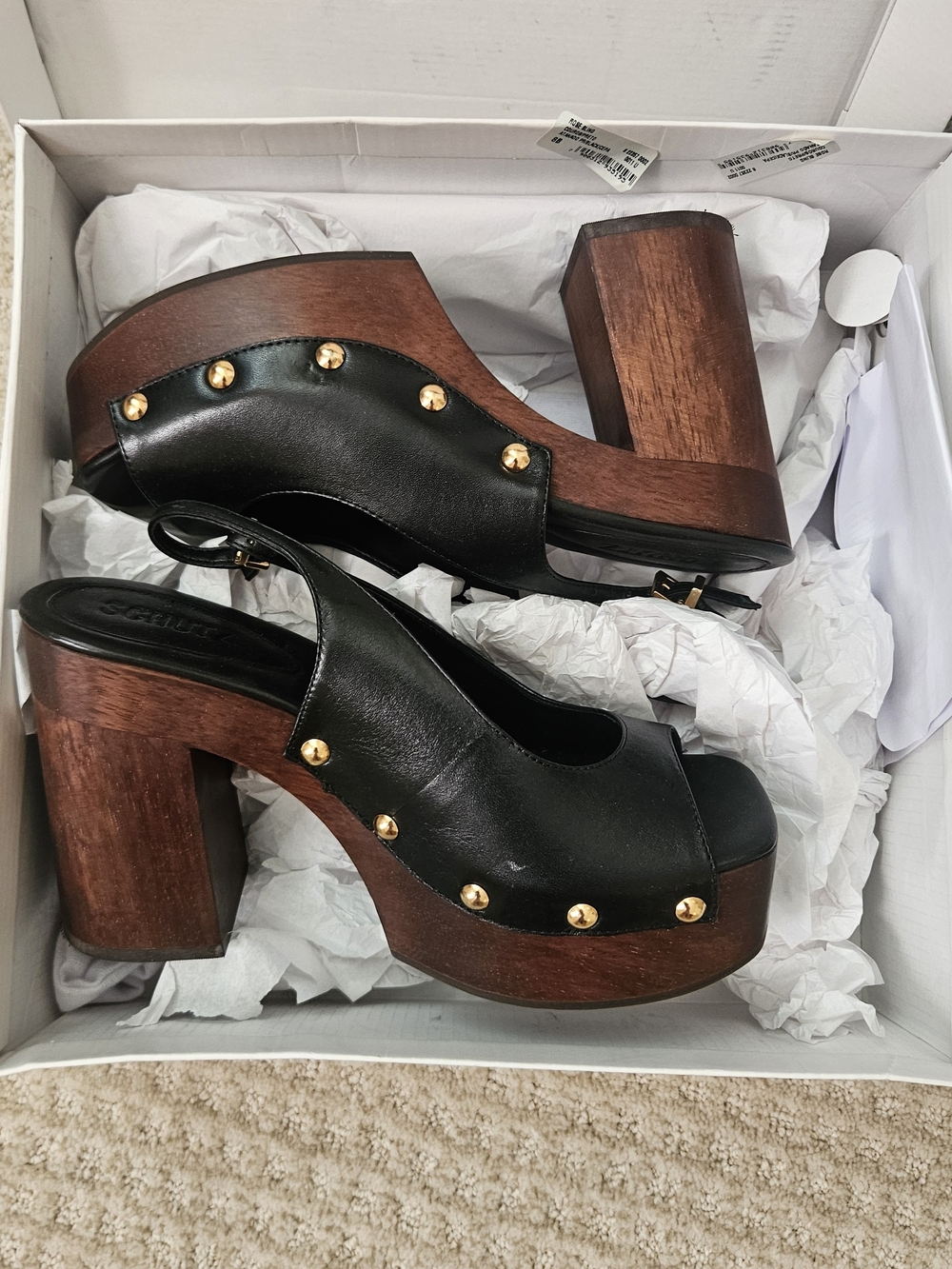 SCHUTZ Black Leather Platform Clog Sandals with Wood Block Heel
